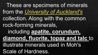 These are specimens of minerals
from the University of Auckland's
collection. Along with the common
rock-forming minerals,
including apatite, corundum,
diamond, fluorite, topaz and talc to
illustrate minerals used in Moh's
Scale of Hardness.
 