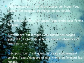 La condensation: c’ est le processus par lequel l’eau gazeux (les nuages​​), se change en eau liquide Les  précipitation: c'est quand l’eau tombe sous forme de pluie   Filtration: c'est lorsque l'eau tombe des nuages ​​jusqu'à la surface de la terre, elle est absorbée et passe par elle . L'évaporation: c’ est quand, grâce au rayonnement solaire, l'eau s'évapore et elle  monte on formant les nuages. 
