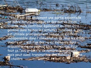 L'eau n'est pas seulement une partie essentielle de notre nature physique et des autres êtres vivants, mais contribue également au bien-être général dans toutes les activités humaines. L'eau est utilisée principalement comme un élément indispensable dans l'alimentation de tous les êtres vivants et c'est l'un des rares éléments sans lesquels la vie ne pouvait être maintenue. Pour tout ça l’eau présente de nombreux avantages, mais peut aussi transmettre des maladies comme le choléra . 