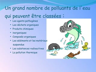 Un grand nombre de polluants de l'eau qui peuvent être classées  : Les agents pathogènes Les déchets organiques Produits chimiques inorganiques Composés organiques Les sédiments et les matériaux suspendue Les substances radioactives La pollution thermique 