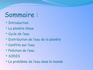 Sommaire : Introduction La planète bleue Cycle de l’eau Distribution de l’eau de la planète Conflits sur l’eau Pollution de l’eau  SODIS Le problème de l’eau dans le monde 