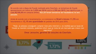 De acordo com o Mapa da Fraude realizado pela ClearSale, as tentativas de fraude
apresentaram um índice de 3,05% em 2016 contra 4,39% em 2015. Isso significa que, a
cada R$100,00 em compras online, R$3,05 foram tentativas de fraudadores no ano
passado.
Ainda de acordo com o levantamento, o e-commerce no Brasil cresceu 11,5% em
faturamento e 12,1% em quantidade de pedidos de 2015 para 2016.
“Hoje, as pessoas conseguem comprar mais pela internet e, na medida que as taxas de
fraude se mantém estáveis, podemos inferir que se trata de um mercado que cresce com
segurança”
Omar Jarouche, gerente de soluções da ClearSale.
 