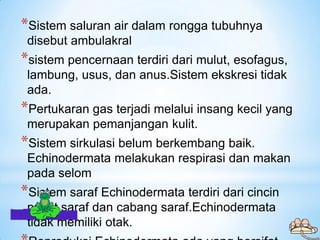 *Sistem saluran air dalam rongga tubuhnya
 disebut ambulakral
*sistem pencernaan terdiri dari mulut, esofagus,
 lambung, u...
