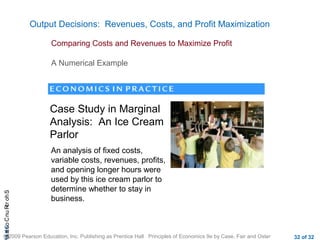 CHAShort-RunCostsa
© 2009 Pearson Education, Inc. Publishing as Prentice Hall Principles of Economics 9e by Case, Fair and Oster 32 of 32
Output Decisions: Revenues, Costs, and Profit Maximization
Comparing Costs and Revenues to Maximize Profit
A Numerical Example
Case Study in Marginal
Analysis: An Ice Cream
Parlor
An analysis of fixed costs,
variable costs, revenues, profits,
and opening longer hours were
used by this ice cream parlor to
determine whether to stay in
business.
 