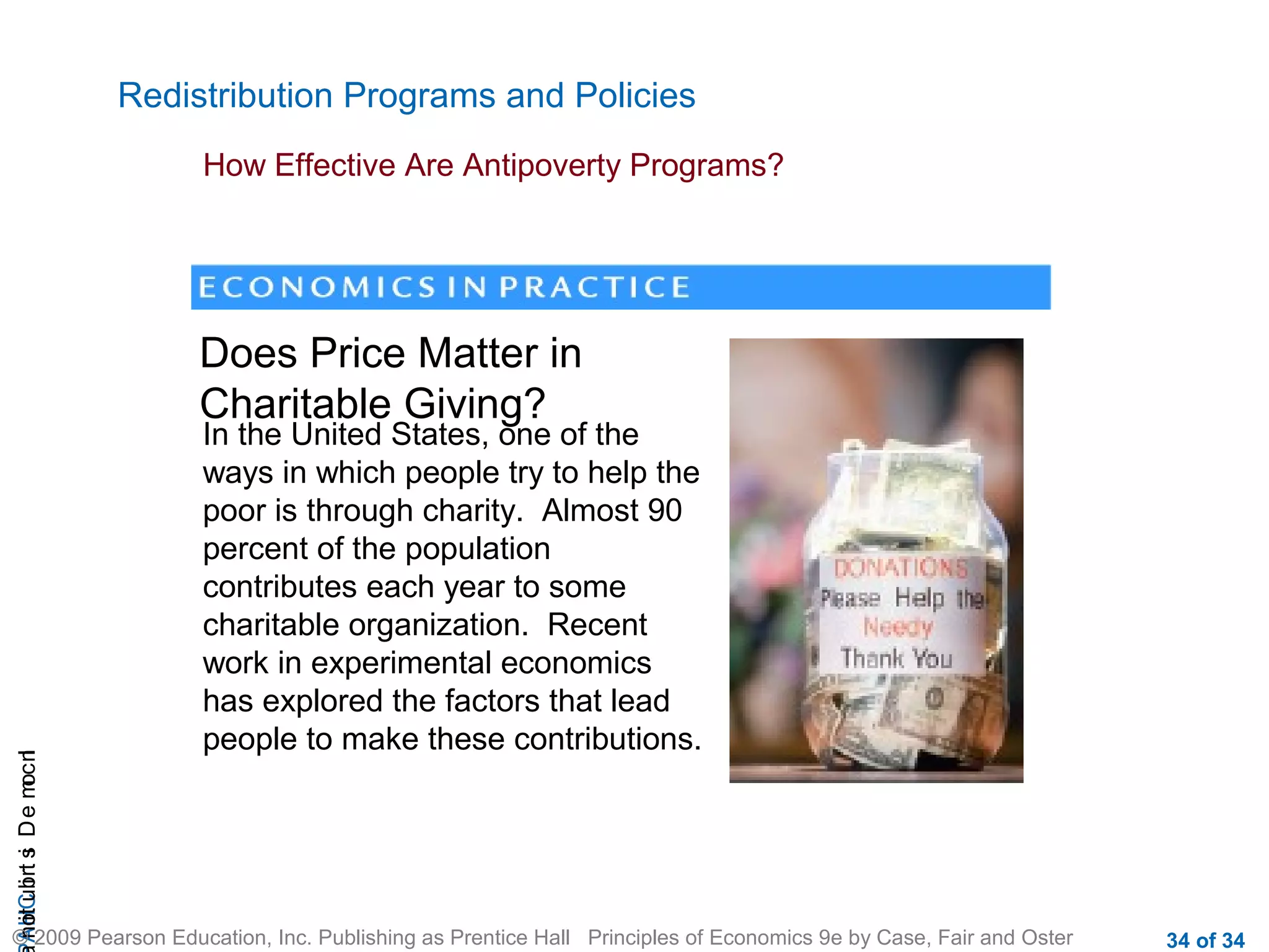 CHAIncomeDistribution
© 2009 Pearson Education, Inc. Publishing as Prentice Hall Principles of Economics 9e by Case, Fair and Oster 34 of 34
Redistribution Programs and Policies
How Effective Are Antipoverty Programs?
Does Price Matter in
Charitable Giving?
In the United States, one of the
ways in which people try to help the
poor is through charity. Almost 90
percent of the population
contributes each year to some
charitable organization. Recent
work in experimental economics
has explored the factors that lead
people to make these contributions.
 