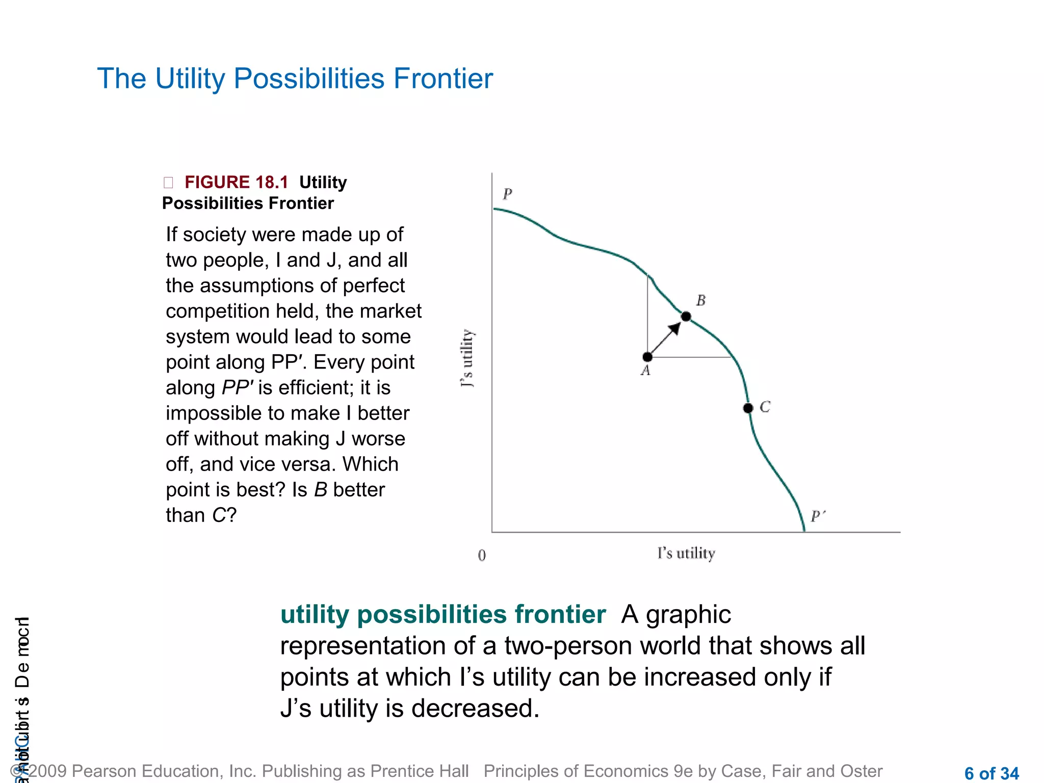 CHAIncomeDistribution
© 2009 Pearson Education, Inc. Publishing as Prentice Hall Principles of Economics 9e by Case, Fair and Oster 6 of 34
The Utility Possibilities Frontier
utility possibilities frontier A graphic
representation of a two-person world that shows all
points at which I’s utility can be increased only if
J’s utility is decreased.
 FIGURE 18.1 Utility
Possibilities Frontier
If society were made up of
two people, I and J, and all
the assumptions of perfect
competition held, the market
system would lead to some
point along PP′. Every point
along PP′ is efficient; it is
impossible to make I better
off without making J worse
off, and vice versa. Which
point is best? Is B better
than C?
 