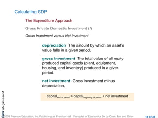 CHAMeasuringNational
© 2009 Pearson Education, Inc. Publishing as Prentice Hall Principles of Economics 9e by Case, Fair and Oster 18 of 35
Calculating GDP
The Expenditure Approach
Gross Private Domestic Investment (I)
depreciation The amount by which an asset’s
value falls in a given period.
Gross Investment versus Net Investment
gross investment The total value of all newly
produced capital goods (plant, equipment,
housing, and inventory) produced in a given
period.
net investment Gross investment minus
depreciation.
capitalend of period = capitalbeginning of period + net investment
 
