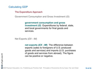 CHAMeasuringNational
© 2009 Pearson Education, Inc. Publishing as Prentice Hall Principles of Economics 9e by Case, Fair and Oster 19 of 35
Calculating GDP
The Expenditure Approach
Government Consumption and Gross Investment (G)
government consumption and gross
investment (G) Expenditures by federal, state,
and local governments for final goods and
services.
Net Exports (EX - IM)
net exports (EX - IM) The difference between
exports (sales to foreigners of U.S.-produced
goods and services) and imports (U.S. purchases
of goods and services from abroad). The figure
can be positive or negative.
 