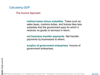 CHAMeasuringNational
© 2009 Pearson Education, Inc. Publishing as Prentice Hall Principles of Economics 9e by Case, Fair and Oster 22 of 35
Calculating GDP
The Income Approach
indirect taxes minus subsidies Taxes such as
sales taxes, customs duties, and license fees less
subsidies that the government pays for which it
receives no goods or services in return.
net business transfer payments Net transfer
payments by businesses to others.
surplus of government enterprises Income of
government enterprises.
 