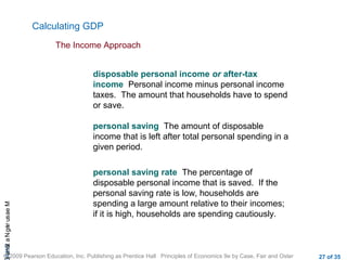 CHAMeasuringNational
© 2009 Pearson Education, Inc. Publishing as Prentice Hall Principles of Economics 9e by Case, Fair and Oster 27 of 35
Calculating GDP
The Income Approach
disposable personal income or after-tax
income Personal income minus personal income
taxes. The amount that households have to spend
or save.
personal saving The amount of disposable
income that is left after total personal spending in a
given period.
personal saving rate The percentage of
disposable personal income that is saved. If the
personal saving rate is low, households are
spending a large amount relative to their incomes;
if it is high, households are spending cautiously.
 