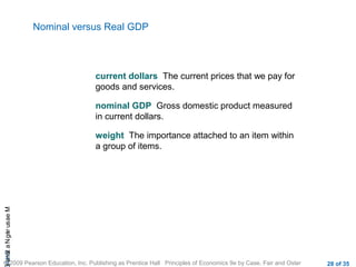 CHAMeasuringNational
© 2009 Pearson Education, Inc. Publishing as Prentice Hall Principles of Economics 9e by Case, Fair and Oster 28 of 35
Nominal versus Real GDP
current dollars The current prices that we pay for
goods and services.
nominal GDP Gross domestic product measured
in current dollars.
weight The importance attached to an item within
a group of items.
 
