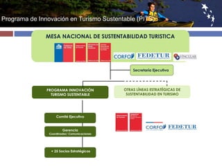 Programa de Innovación en Turismo Sustentable (PITS) 
MESA NACIONAL DE SUSTENTABILIDAD TURISTICA 
Secretaría Ejecutiva 
Comité Ejecutivo 
Gerencia 
Coordinador/ Comunicaciones 
OTRAS LÍNEAS ESTRATÉGICAS DE 
SUSTENTABILIDAD EN TURISMO 
PROGRAMA INNOVACIÓN 
TURISMO SUSTENTABLE 
+ 25 Socios Estratégicos 
 