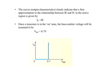 • The curves (output characteristics) clearly indicate that a first
approximation to the relationship between IE and IC in the active
region is given by
IC ≈IE
• Once a transistor is in the ‘on’ state, the base-emitter voltage will be
assumed to be
VBE = 0.7V
 