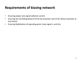 139
Requirements of biasing network
• Ensuring proper zero signal collector current.
• Ensuring VcE not falling below 0.5V for Ge transistor and 1V for Silicon transistor at
any instant.
• Ensuring Stabilization of operating point. (zero signal IC and VcE)
 