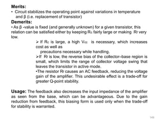 149
Merits:
• Circuit stabilizes the operating point against variations in temperature
and β (i.e. replacement of transistor)
Demerits:
• As β -value is fixed (and generally unknown) for a given transistor, this
relation can be satisfied either by keeping Rc fairly large or making Rf very
low.
 If Rc is large, a high Vcc is necessary, which increases
cost as well as
precautions necessary while handling.
If Rf is low, the reverse bias of the collector–base region is
small, which limits the range of collector voltage swing that
leaves the transistor in active mode.
•The resistor Rf causes an AC feedback, reducing the voltage
gain of the amplifier. This undesirable effect is a trade-off for
greater Q-point stability.
Usage: The feedback also decreases the input impedance of the amplifier
as seen from the base, which can be advantageous. Due to the gain
reduction from feedback, this biasing form is used only when the trade-off
for stability is warranted.
 