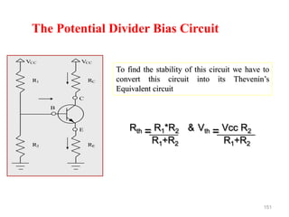 151
VCC
RC
C
E
B
VCC
R1
RE
R2
IE
IC
Ib
The Potential Divider Bias Circuit
To find the stability of this circuit we have to
convert this circuit into its Thevenin’s
Equivalent circuit
Rth = R1*R2 & Vth = Vcc R2
R1+R2 R1+R2
VCC
RC
C
E
B
VCC
R1
RE
R2
Rth = R1*R2 & Vth = Vcc R2
R1+R2 R1+R2
Rth = R1*R2 & Vth = Vcc R2
R1+R2 R1+R2
Rth = R1*R2 & Vth = Vcc R2
R1+R2 R1+R2
 