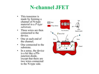 N-channel JFET
• This transistor is
made by forming a
channel of N-type
material in a P-type
substrate.
• Three wires are then
connected to the
device.
• One at each end of
the channel.
• One connected to the
substrate.
• In a sense, the device
is a bit like a PN-
junction diode,
except that there are
two wires connected
to the N-type side.
 