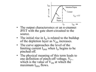 • The output characteristics of an n-channel
JFET with the gate short-circuited to the
source.
• The initial rise in ID is related to the buildup
of the depletion layer as VDS increases.
• The curve approaches the level of the
limiting current IDSS when ID begins to be
pinched off.
• The physical meaning of this term leads to
one definition of pinch-off voltage, VP ,
which is the value of VDS at which the
maximum IDSS flows.
 