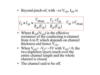 • Beyond pinch-of, with –ve VGS, IDS is
• Where RAP(VGS) is the effective
resistance of the conducting n-channel
from A to P, which depends on channel
thickness and hence VGS.
• When VGS= -VP= -5V with VDS= 0, the
two depletion layers touch over the
entire channel length and the whole
channel is closed.
• The channel said to be off.
 