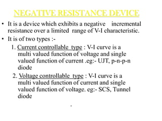 NEGATIVE RESISTANCE DEVICE
• It is a device which exhibits a negative incremental
resistance over a limited range of V-I characteristic.
• It is of two types :-
1. Current controllable type : V-I curve is a
multi valued function of voltage and single
valued function of current .eg:- UJT, p-n-p-n
diode
2. Voltage controllable type : V-I curve is a
multi valued function of current and single
valued function of voltage. eg:- SCS, Tunnel
diode
-
 