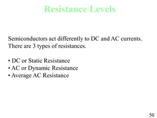 Semiconductors act differently to DC and AC currents.
There are 3 types of resistances.
• DC or Static Resistance
• AC or Dynamic Resistance
• Average AC Resistance
Resistance Levels
50
50
 