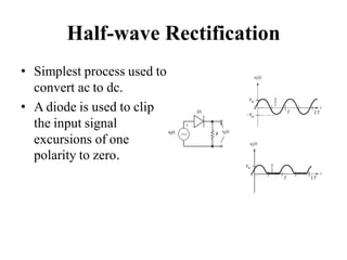 Half-wave Rectification
• Simplest process used to
convert ac to dc.
• A diode is used to clip
the input signal
excursions of one
polarity to zero.
 