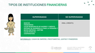 TIPOS DE INSTITUCIONES FINANCIERAS
SUPERVISADAS NO SUPERVISADAS
- BANCOS
- FINANCIERAS
- CAJAS MUNICIPALES DE AHORRO Y CRÉ...