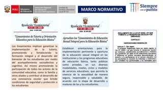 Los lineamientos implican garantizar la
implementación de la tutoría,
promoviendo y fortaleciendo la
formación integral y el desarrollo del
bienestar de los estudiantes por medio
del acompañamiento socioafectivo y
cognitivo. Así mismo promoviendo la
participación de todos los actores de la
comunidad educativa, como la familia y
otros aliados y contribuir al desarrollo de
una convivencia escolar que brinde
condiciones de seguridad y protección a
los estudiantes
Establecer orientaciones para la
implementación pertinente y oportuna
de la educación sexual integral en las
instituciones y los programas educativos
de educación básica, tanto públicas
como privadas, en sus diversas
modalidades, niveles, ciclos y modelos
de servicios educativos, que permita la
vivencia de la sexualidad de manera
segura, responsable y saludable, de
acuerdo con la etapa de desarrollo y
madurez de las y los estudiantes.
MARCO NORMATIVO
 
