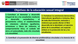 1.-Contribuir al bienestar y desarrollo
integral de las y los estudiantes mediante
el desarrollo socioafectivo, el
pensamiento crítico, el establecimiento
de relaciones afectivas igualitarias,
armoniosas y libres de violencia, el
comportamiento ético, el cuidado del
otro y el autocuidado, todo ello vinculado
a la sexualidad.
Objetivos de la educación sexual integral
2.-Fortalecer la convivencia democrática,
intercultural, igualitaria e inclusiva, libre
de toda discriminación, exclusión y
violencia que pueda afectar el libre
desarrollo de la identidad y el ejercicio
pleno de la sexualidad, con especial
énfasis en la protección de las y los
estudiantes.
3.-Contribuir a la prevención de diversas problemáticas vinculadas a la vivencia de la
sexualidad.
 