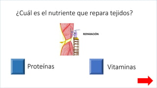 ¿Cuál es el nutriente que repara tejidos?
Proteínas Vitaminas
 