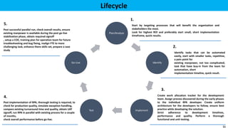 Plan/Analyze
Identify
ImplementTest
Go-Live
Lifecycle
Identify tasks that can be automated
easily, start with smaller tasks, repetitive,
a pain point for
existing manpower, not too complicated,
task that have buy-in from the team for
automation, short
implementation timeline, quick result.
Start by targeting processes that will benefit the organization and
stakeholders the most.
Look for highest ROI and preferably start small, short implementation
timeframe, quick results.
Create work allocation tracker for the development
team. Assign process discovered during the early phases
to the individual RPA developer. Create uniform
architecture for the developers to follow, ensure best
practice while developing the solution.
Strict adherence to development timelines,
performance and quality. Perform a thorough
functional and unit testing.
Post implementation of RPA, thorough testing is required, to
check for production quality, simulate exception handling,
compare existing turnaround time and quality, obtain UAT
signoff, run RPA in parallel with existing process for a couple
of months,
check overall performance before go-live.
Post successful parallel run, check overall results, ensure
existing manpower is available during the post go-live
stabilization phase, obtain required signoff
, setup a COE, training plan for operation team for future
troubleshooting and bug fixing, realign FTE to more
challenging task, enhance there skills set, prepare a case
study
1.
2.
3.
4.
5.
11
 