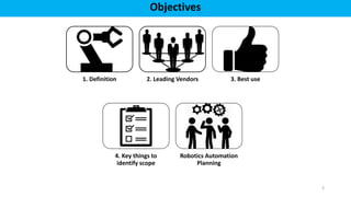 3
Objectives
1. Definition 2. Leading Vendors 3. Best use
4. Key things to
identify scope
Robotics Automation
Planning
 