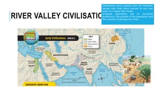 RIVER VALLEY CIVILISATIONS
Settlements were created when the Neolithic
people who lived there learned to use river
water to irrigate their fields.
Irrigated agriculture led to increased
production, the growth of the population and
the creation of prosperous cities.
 