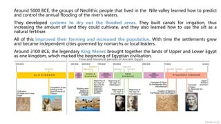 Around 5000 BCE, the groups of Neolithic people that lived in the Nile valley learned how to predict
and control the annual flooding of the river’s waters.
They developed systems to dry out the flooded areas. They built canals for irrigation, thus
increasing the amount of land they could cultivate, and they also learned how to use the silt as a
natural fertiliser.
All of this improved their farming and increased the population. With time the settlements grew
and became independent cities governed by nomarchs or local leaders.
Around 3100 BCE, the legendary King Menes brought together the lands of Upper and Lower Egypt
as one kingdom, which marked the beginning of Egyptian civilisation.
 