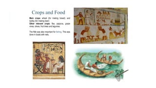 Crops and Food
Main crops: wheat (for making bread); and
barley (for making beer)
Other relevant crops: flax, papyrus, grape
vines, olives, fruit trees and legumes.
The Nile was also important for fishing. This was
done in boats with nets.
 