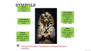 SYMBOLS
False beard
descendant of
Osiris
Heka
Pharaoh’s
ability to guard
and protect
people
magically
Nakata
Symbol of
absolute power
over the rest of
people
Ureo (cobra
and vulture)
Protections of
royalty
Symbols of
Upper and
Lower Egypt
Find out more about Tutankamon in Google Classroom
activitites
 