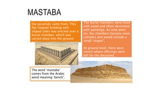 The word ‘mastaba’
comes from the Arabic
word meaning ‘bench’.
MASTABA
the mastaba was the basis that
the pyramids came from. This
flat-topped building with
sloped sides was erected over a
burial chamber, which was
carved deep into the ground
below.
The burial chambers were lined
with wood and often decorated
with paintings. As time went
on, the chambers became more
complex and would include a
small ‘chapel’.
At ground level, there were
rooms where offerings were
left for the deceased.
 