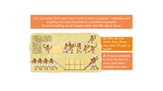 It is not known how many men it took to build a pyramid - estimates are
anything from two thousand to a hundred thousand!
Pyramid building would happen when the Nile was in flood.
Q: Why do you
think they chose
this time of year to
build?
A: It was impossible
to farm the land so
many men were
available for work.
 