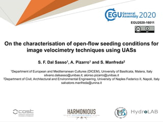 1
On the characterisation of open-flow seeding conditions for
image velocimetry techniques using UASs
S. F. Dal Sasso1, A. Pizarro1 and S. Manfreda2
1Department of European and Mediterranean Cultures (DICEM), University of Basilicata, Matera, Italy
silvano.dalsasso@unibas.it; alonso.pizarro@unibas.it
2Department of Civil, Architectural and Environmental Engineering, University of Naples Federico II, Napoli, Italy
salvatore.manfreda@unina.it
EGU2020-16011
 