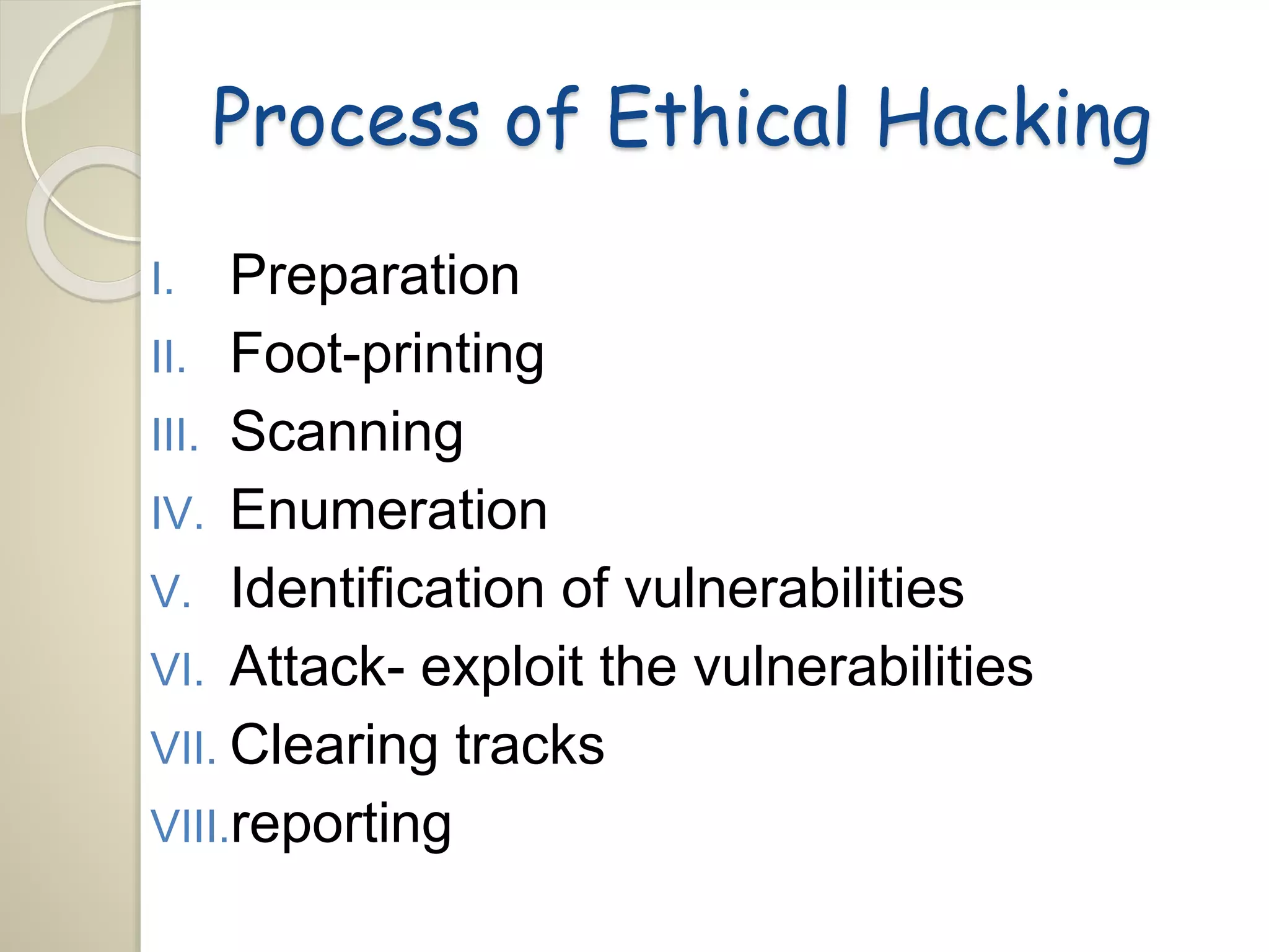 Process of Ethical Hacking 
I. Preparation 
II. Foot-printing 
III. Scanning 
IV. Enumeration 
V. Identification of vulnerabilities 
VI. Attack- exploit the vulnerabilities 
VII. Clearing tracks 
VIII.reporting 
 
