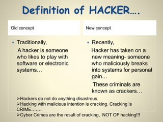 Definition of HACKER…. 
Old concept New concept 
 Traditionally, 
A hacker is someone 
who likes to play with 
software or electronic 
systems… 
 Recently, 
Hacker has taken on a 
new meaning- someone 
who maliciously breaks 
into systems for personal 
gain… 
These criminals are 
known as crackers… 
Hackers do not do anything disastrous 
Hacking with malicious intention is cracking. Cracking is 
CRIME……. 
Cyber Crimes are the result of cracking, NOT OF hacking!!! 
 