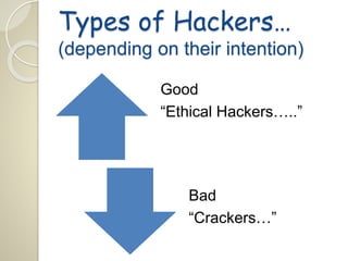 Types of Hackers… 
(depending on their intention) 
Good 
“Ethical Hackers…..” 
Bad 
“Crackers…” 
 