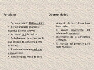 Fortalezas                             Oportunidades

   • Ser un producto 100% orgánico        • Aumento de los cultivos bajo
   • Ser un producto altamente              invernadero
   nutritivo para los cultivos            • El rápido crecimiento del
   • Actividad fácil de realizar            número de miembros.
   • Se trabaja con desechos, por lo      • Incremento de la agricultura
                                            ecológica.
   que el coste de la materia prima
                                          • El reciclaje del producto para
   es escaso.                               usos múltiples
   • Puede realizarse en cualquier
   época del año
   • Requiere poca mano de obra
 
