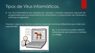 Tipos de Virus Informáticos.
 Los virus Informáticos son creados por hackers y crackers, personas capaces de
programarlos por su conocimiento en informática y computación de hardware y
software e ingeniería.
Troyano: capaz de infectar al sistema creando funciones diferentes que si bien son
perjudícales.
fig. 2. los troyanos pueden destruir
herramientas del sistema o cambiar
su código.
clauutzzandfriends.blogspot.com
 