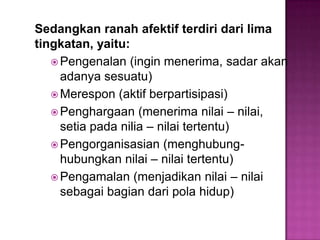 Sedangkan ranah afektif terdiri dari lima
tingkatan, yaitu:
 Pengenalan (ingin menerima, sadar akan
adanya sesuatu)
 Merespon (aktif berpartisipasi)
 Penghargaan (menerima nilai – nilai,
setia pada nilia – nilai tertentu)
 Pengorganisasian (menghubung-
hubungkan nilai – nilai tertentu)
 Pengamalan (menjadikan nilai – nilai
sebagai bagian dari pola hidup)
 