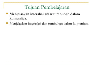 Tujuan Pembelajaran
   Menjelaskan interaksi antar tumbuhan dalam
    kumunitas.
   Menjelaskan interasksi dan tumbuhan dalam komunitas.
 