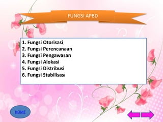 FUNGSI APBD
1. Fungsi Otorisasi
2. Fungsi Perencanaan
3. Fungsi Pengawasan
4. Fungsi Alokasi
5. Fungsi Distribusi
6. Fungsi Stabilisasi
HOME
 