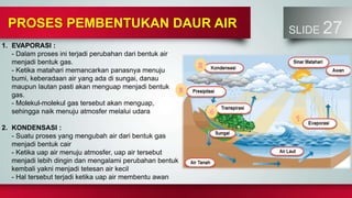 1. EVAPORASI :
- Dalam proses ini terjadi perubahan dari bentuk air
menjadi bentuk gas.
- Ketika matahari memancarkan panasnya menuju
bumi, keberadaan air yang ada di sungai, danau
maupun lautan pasti akan menguap menjadi bentuk
gas.
- Molekul-molekul gas tersebut akan menguap,
sehingga naik menuju atmosfer melalui udara
2. KONDENSASI :
- Suatu proses yang mengubah air dari bentuk gas
menjadi bentuk cair
- Ketika uap air menuju atmosfer, uap air tersebut
menjadi lebih dingin dan mengalami perubahan bentuk
kembali yakni menjadi tetesan air kecil
- Hal tersebut terjadi ketika uap air membentu awan
PROSES PEMBENTUKAN DAUR AIR SLIDE 27
 