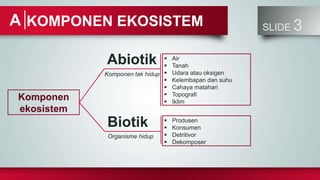SLIDE 3
KOMPONEN EKOSISTEM
A
Komponen
ekosistem
Abiotik
Biotik
Komponen tak hidup
Organisme hidup
 Air
 Tanah
 Udara atau oksigen
 Kelembapan dan suhu
 Cahaya matahari
 Topografi
 Iklim
 Produsen
 Konsumen
 Detritivor
 Dekomposer
 