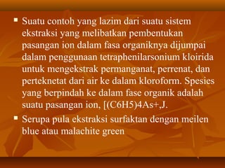  Suatu contoh yang lazim dari suatu sistem
ekstraksi yang melibatkan pembentukan
pasangan ion dalam fasa organiknya dijumpai
dalam penggunaan tetraphenilarsonium kloirida
untuk mengekstrak permanganat, perrenat, dan
perteknetat dari air ke dalam kloroform. Spesies
yang berpindah ke dalam fase organik adalah
suatu pasangan ion, [(C6H5)4As+,J.
 Serupa pula ekstraksi surfaktan dengan meilen
blue atau malachite green
 
